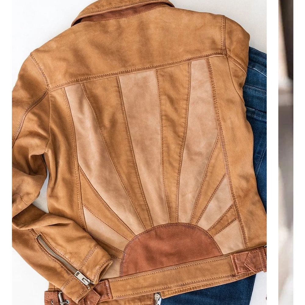 Tan Leather Jacket with Sunburst Design